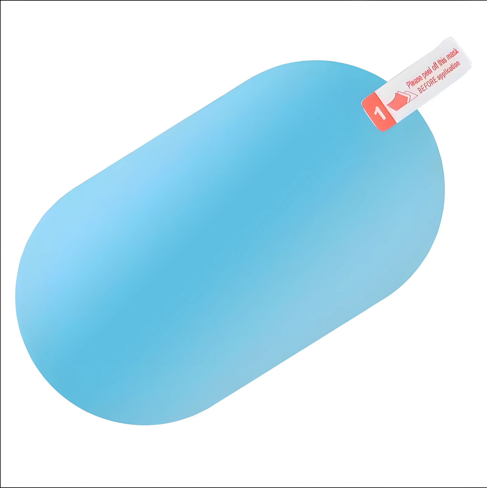 Antiempañante para espejo retrovisor, azul translúcido, con etiqueta de aplicación.