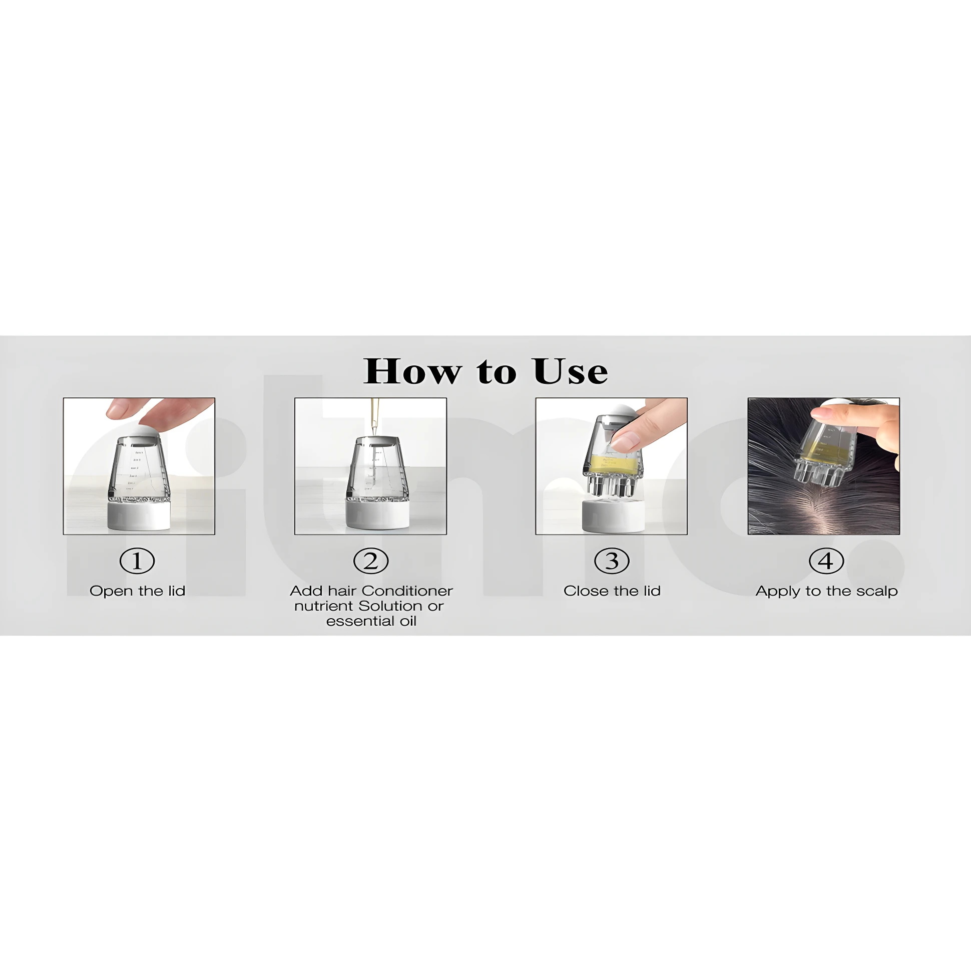 Set x2 aplicador de cabello para loción anticaída. Instrucciones: abrir, añadir, cerrar y aplicar en el cuero cabelludo.