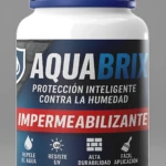 Frasco blanco con tapa azul de Aqua Brix impermeabilizante para muros y concreto, 250 ml, repele agua, resistente UV, fácil aplicación.