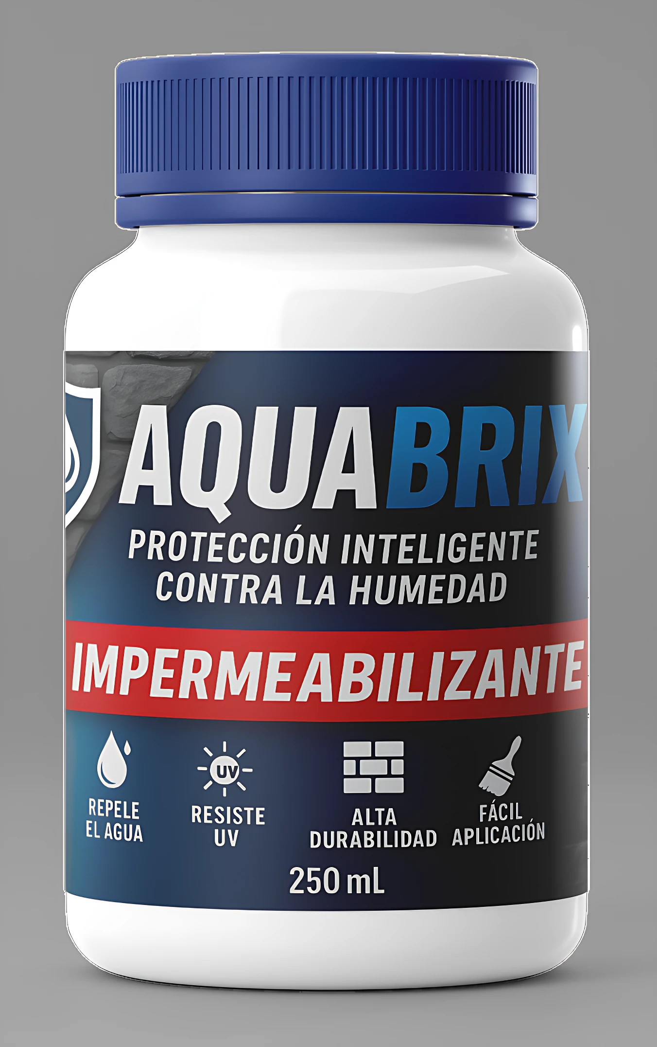 Frasco blanco con tapa azul de Aqua Brix impermeabilizante para muros y concreto, 250 ml, repele agua, resistente UV, fácil aplicación.