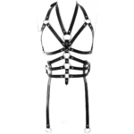 Arnés de cuero negro ajustable para mujer, estilo Celtic, con múltiples correas y anillos metálicos.