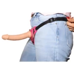 Arnés erótico rosa con soporte para consolador, ajustable a cintura, para uso femenino con manos libres.
