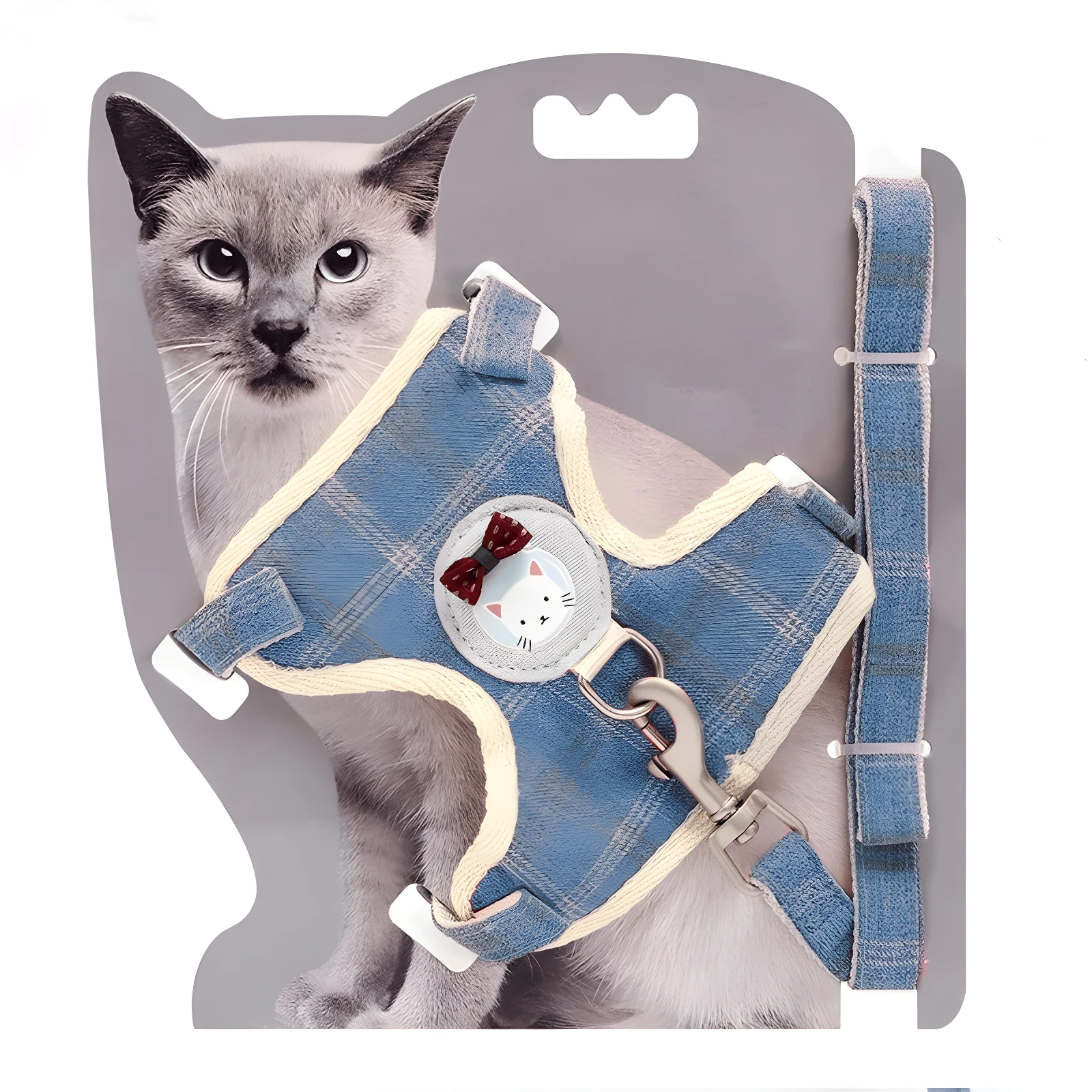 Arnés para gato azul a cuadros con aplique de gatito y moño, incluye correa.