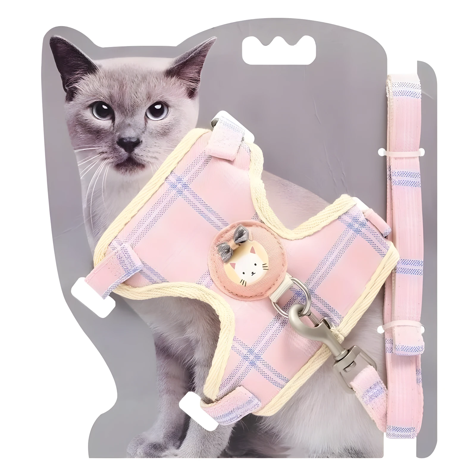 Arnés rosa a cuadros para gato con correa ajustable, detalle de moño y carita de gatito en el pecho.