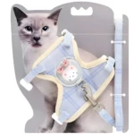 Arnés azul a cuadros para gato con adorno de gatito y moño, incluye correa.