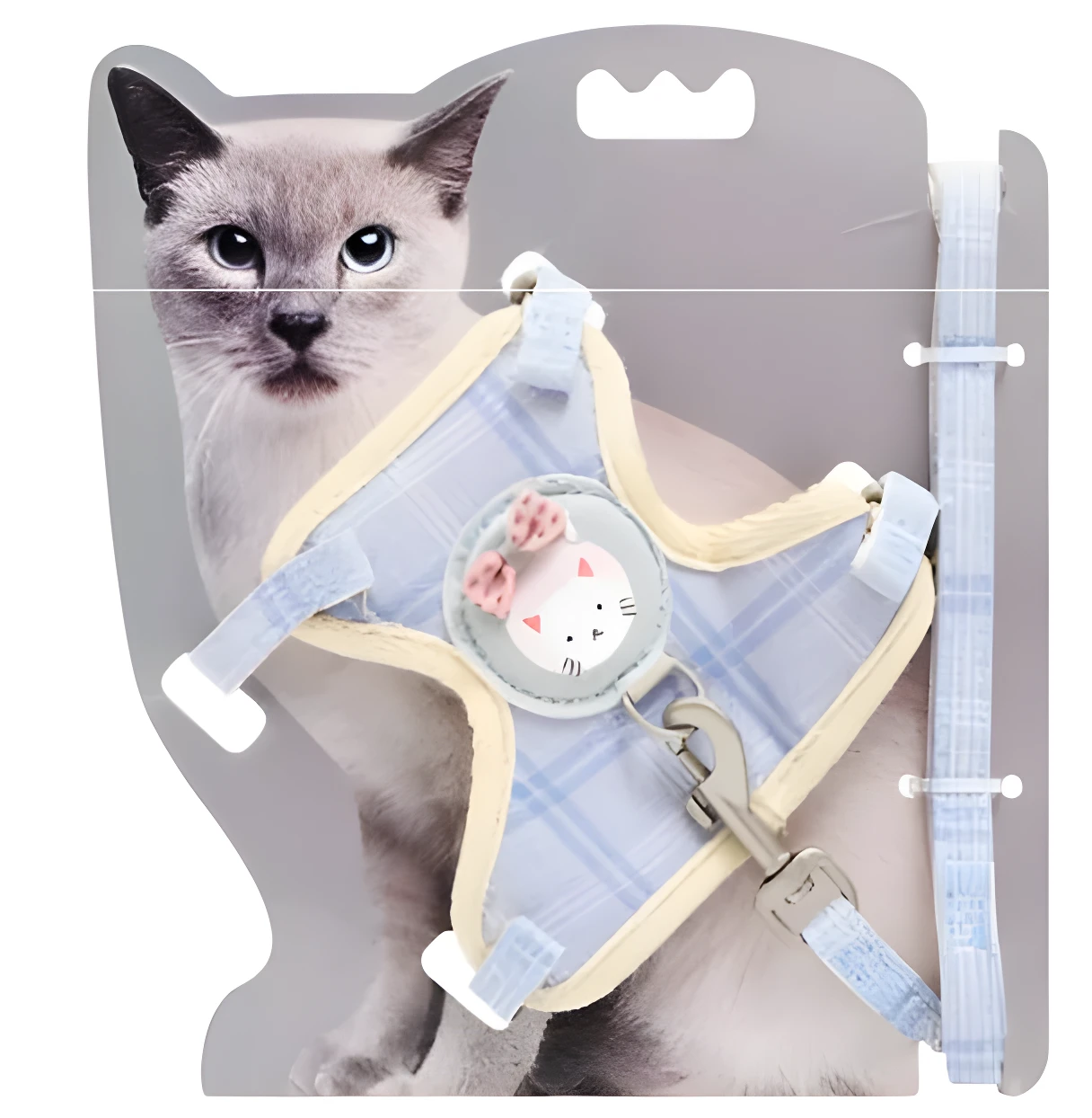 Arnés azul a cuadros para gato con adorno de gatito y moño, incluye correa.
