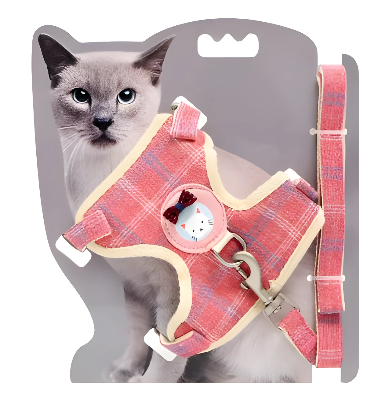 Arnés y correa para gato a cuadros rosas con dije de gato, ideal para paseos.