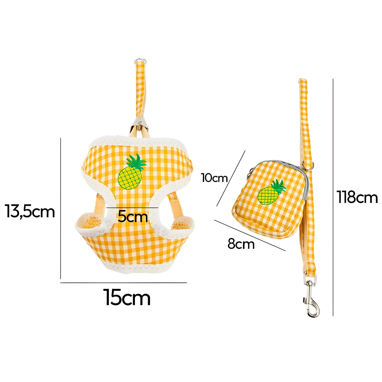 Arnés para gatos amarillo a cuadros con piñas, 13,5x15cm, y bolso a juego 8x10cm, correa 118cm.