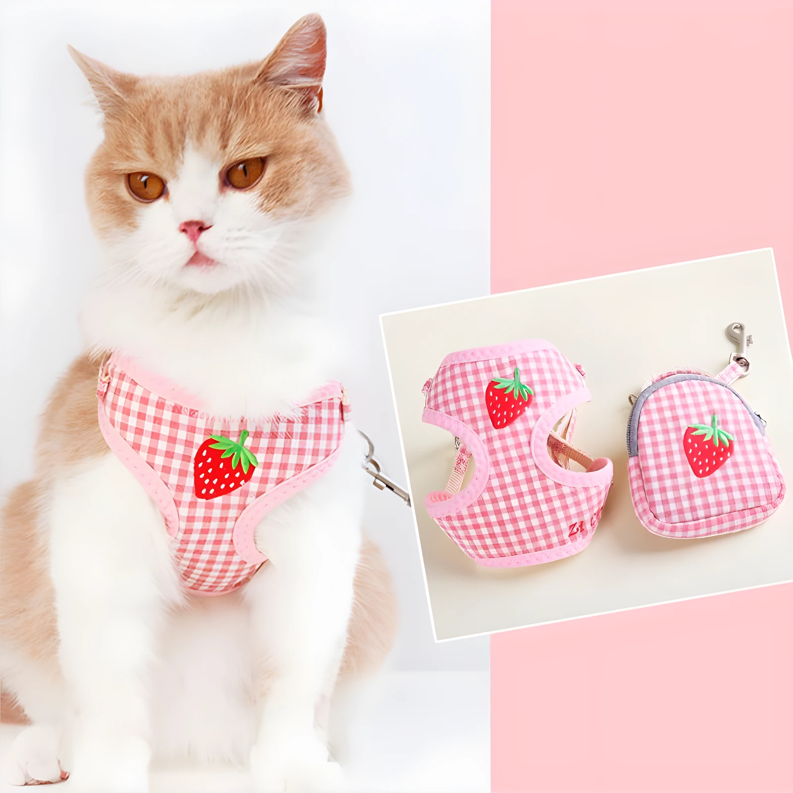 Arnés para gato rosa a cuadros con fresa, junto a un accesorio a juego.