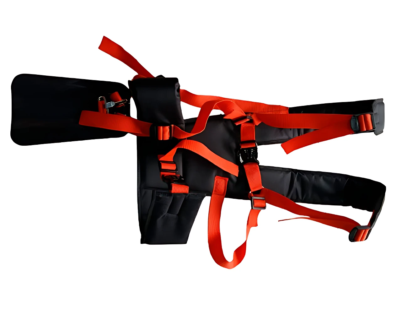 Arnés profesional negro con correas rojas, diseñado para guadaña, incluye soporte ergonómico y sistema de ajuste para mayor seguridad y comodidad en campo.