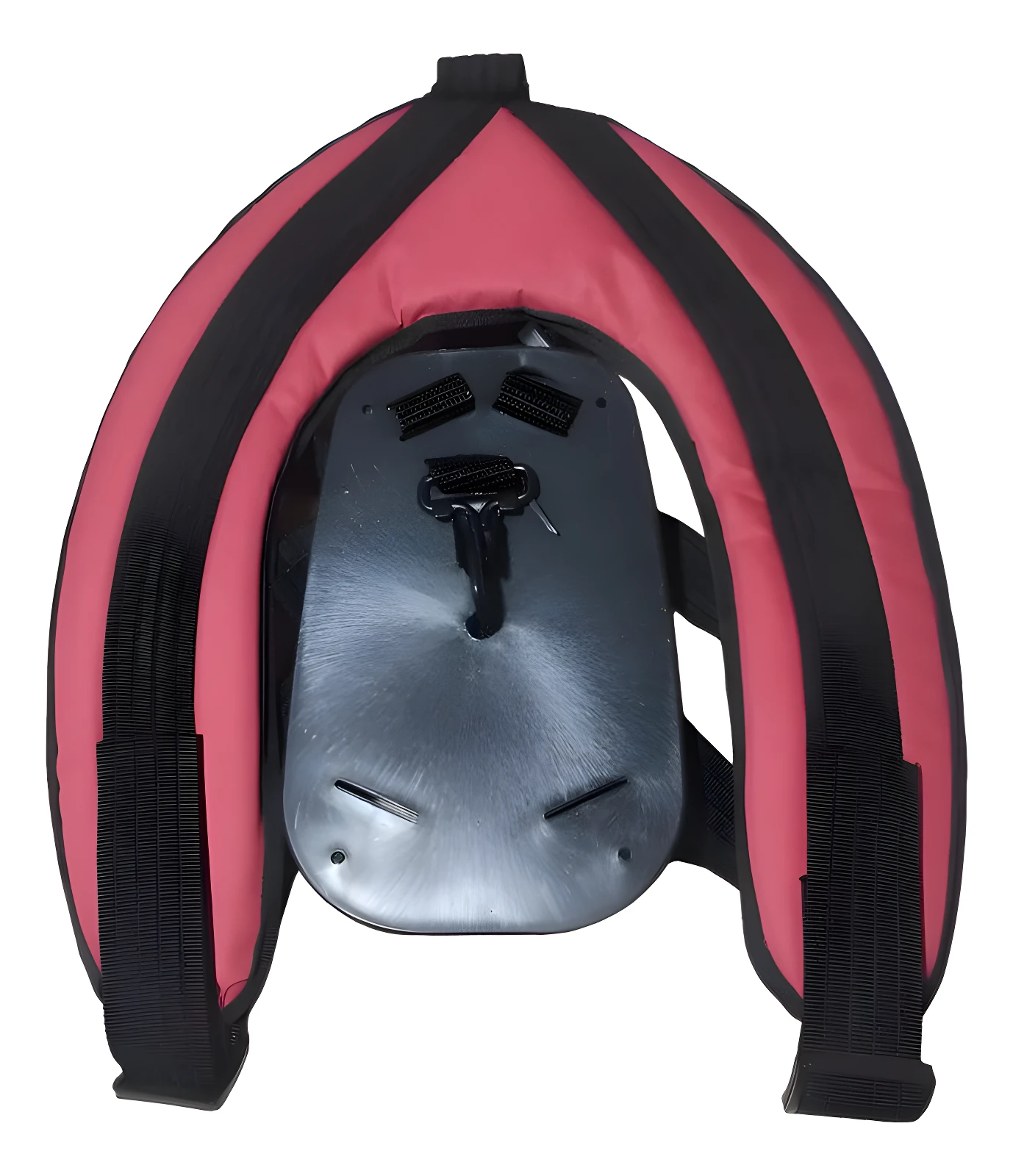 Arnés acolchado para guadaña, rojo y negro, con soporte ergonómico para aliviar tensión.