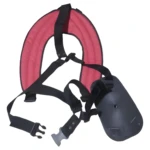 Arnés acolchado para guadaña rojo con soporte ergonómico y correas ajustables.
