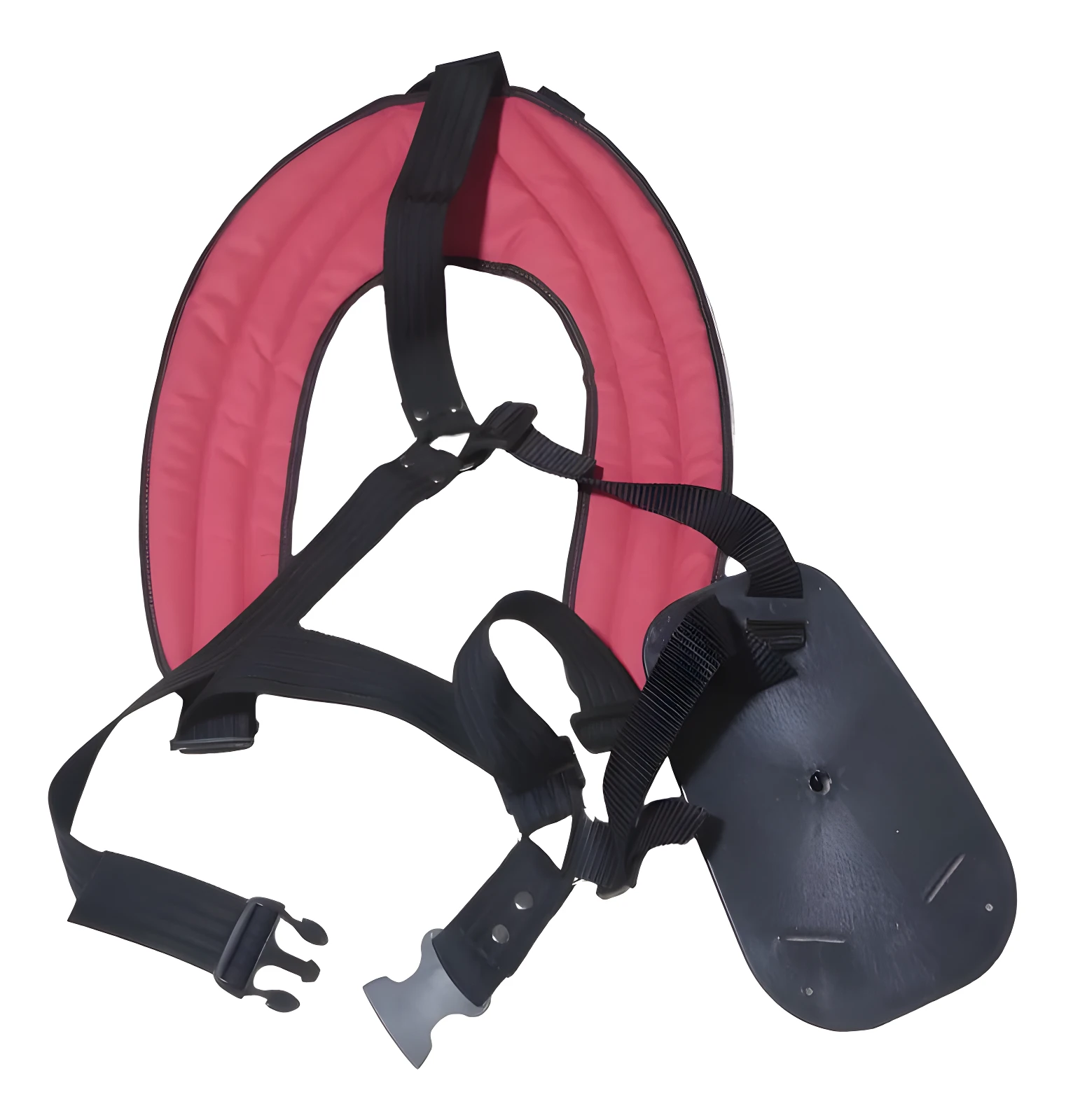 Arnés acolchado para guadaña rojo con soporte ergonómico y correas ajustables.
