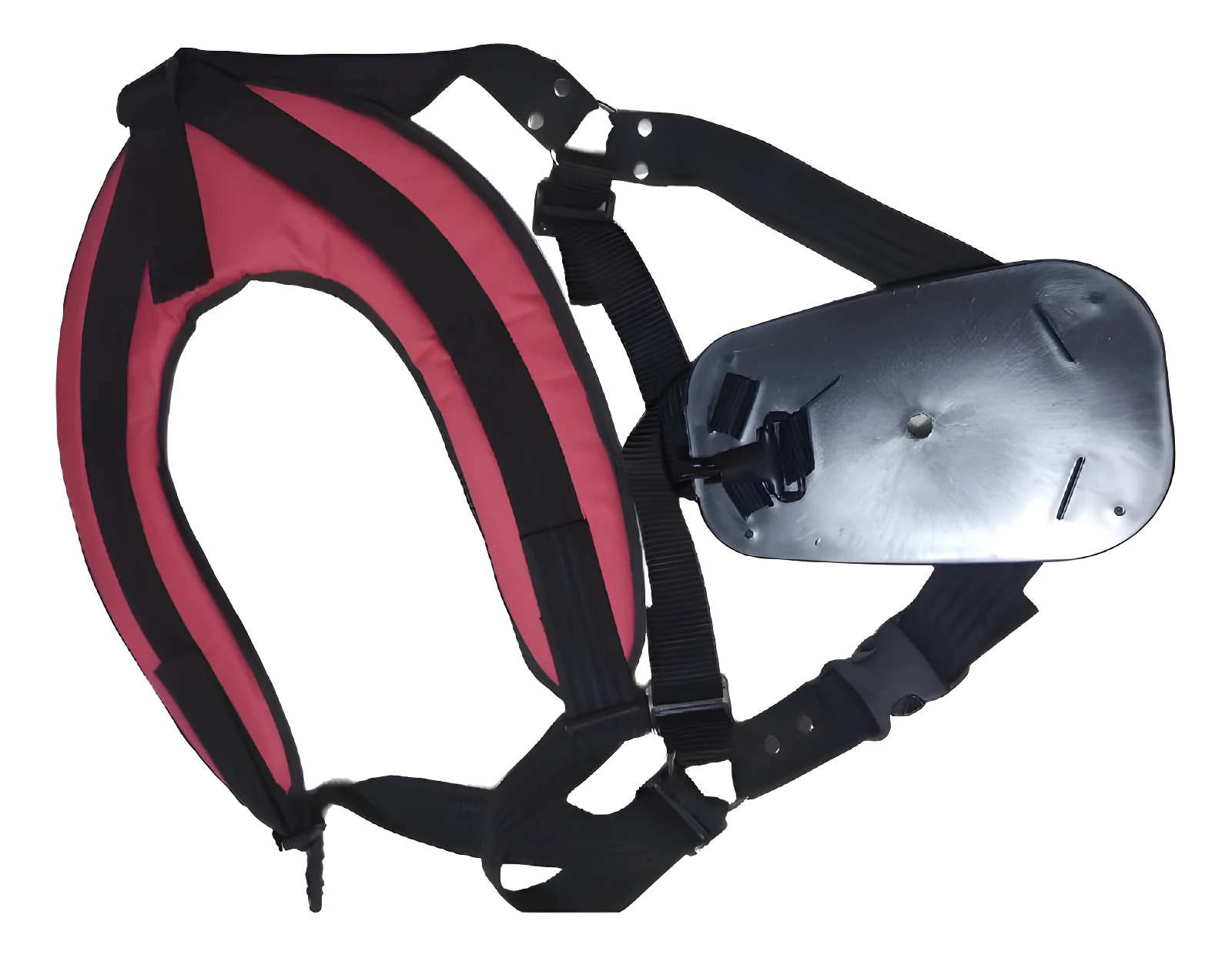 Arnés acolchado rojo y negro para guadaña con soporte ergonómico para hombros y espalda.