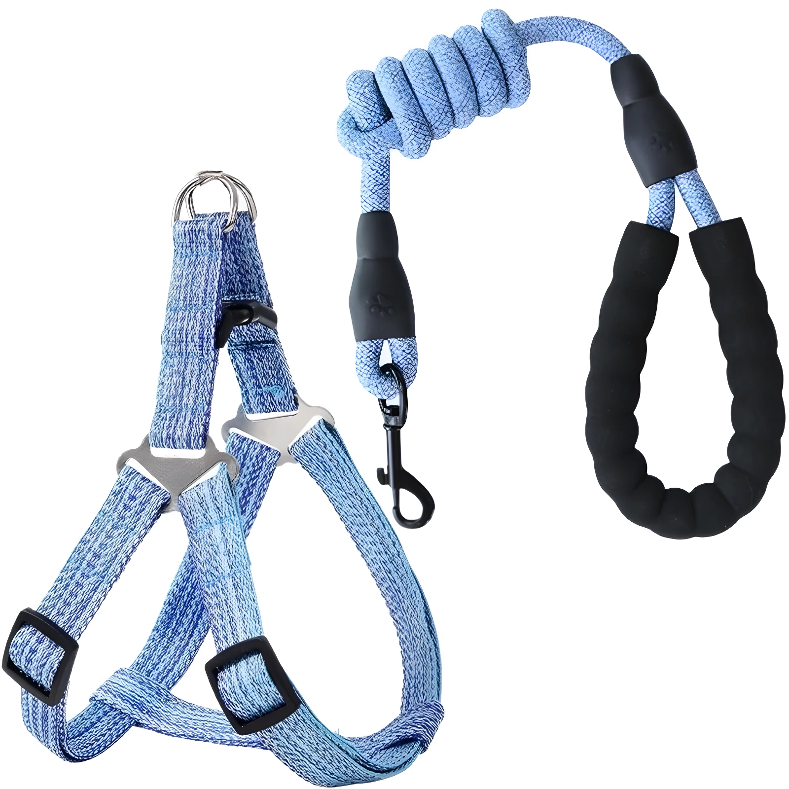 Arnés azul ajustable con correa elástica y mango acolchado para perros.