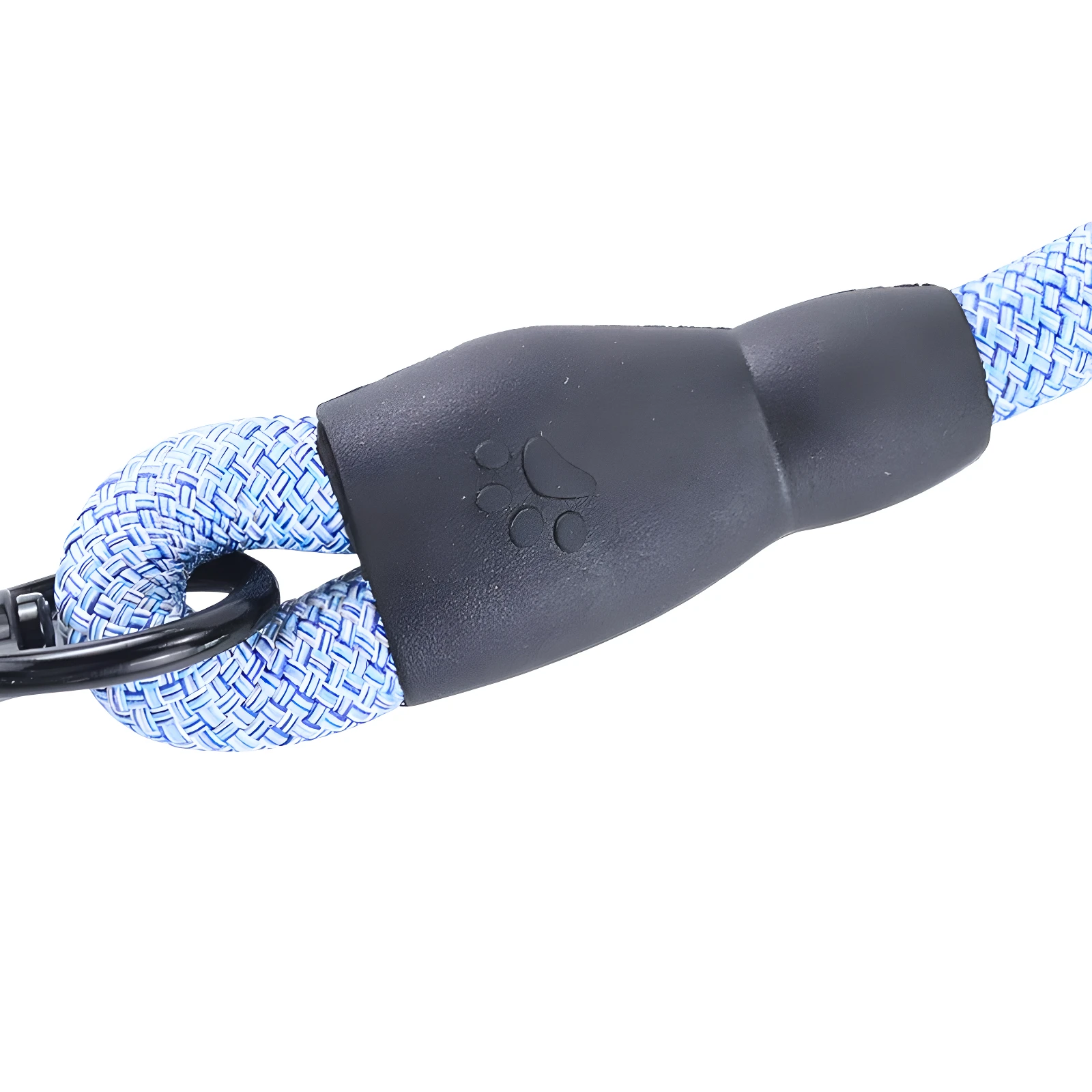 Correa para perro azul y blanca con mosquetón y detalle de huella de pata en goma.