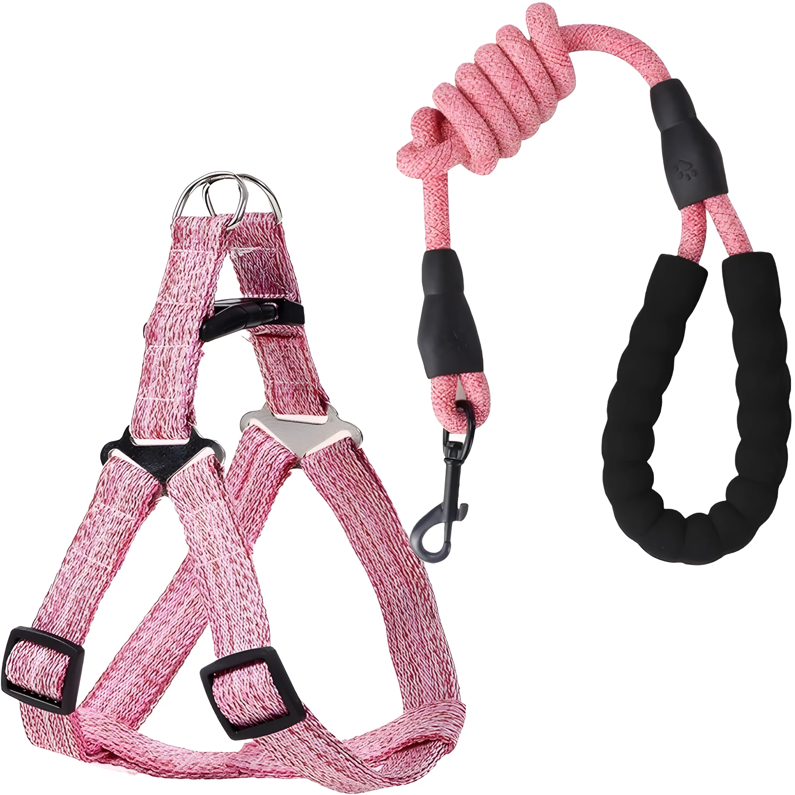 Arnés rosa ajustable para perro con correa en espiral y mango acolchado.