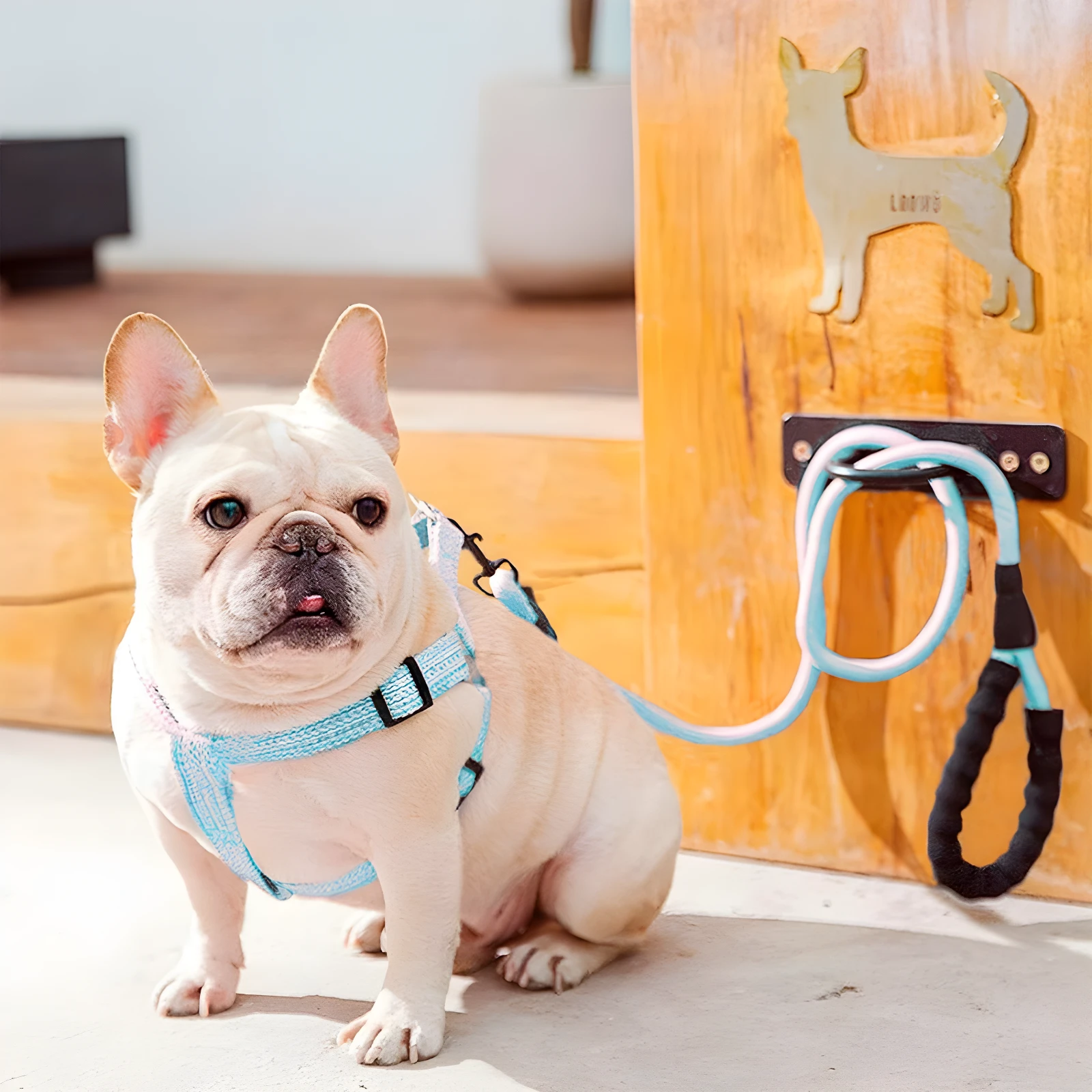Arnés azul ajustable con correa para perro francés, colgado de gancho de pared con silueta dorada de perro.