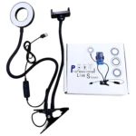 Aro de luz negra profesional con brazo flexible, soporte para celular, control remoto y pinza de sujeción.