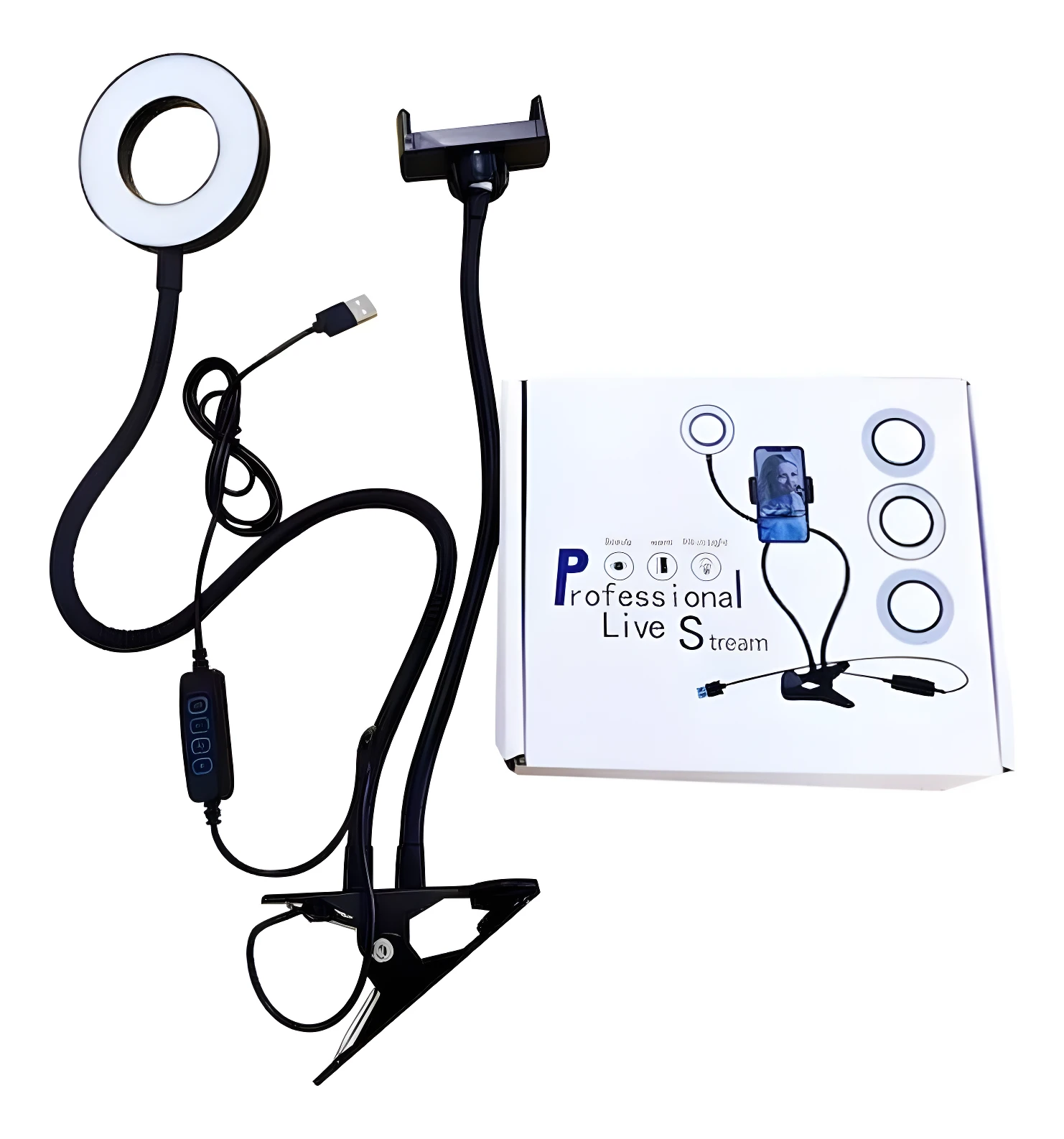 Aro de luz negra profesional con brazo flexible, soporte para celular, control remoto y pinza de sujeción.