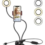 Aro de luz LED flexible con clip para celular, ideal para selfies y videollamadas.