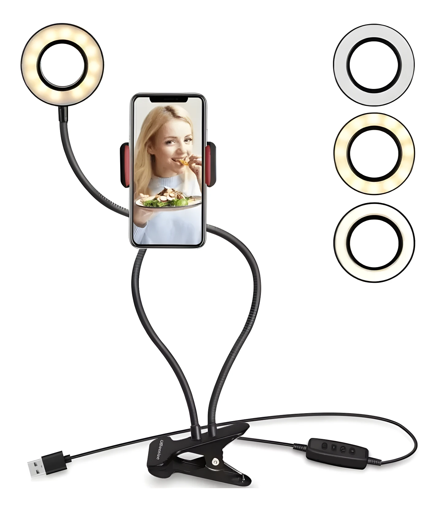 Aro de luz LED flexible con clip para celular, ideal para selfies y videollamadas.