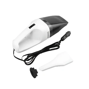 Aspiradora de coche portátil blanca y gris de 120W, con accesorios y cable de encendedor de 12V.
