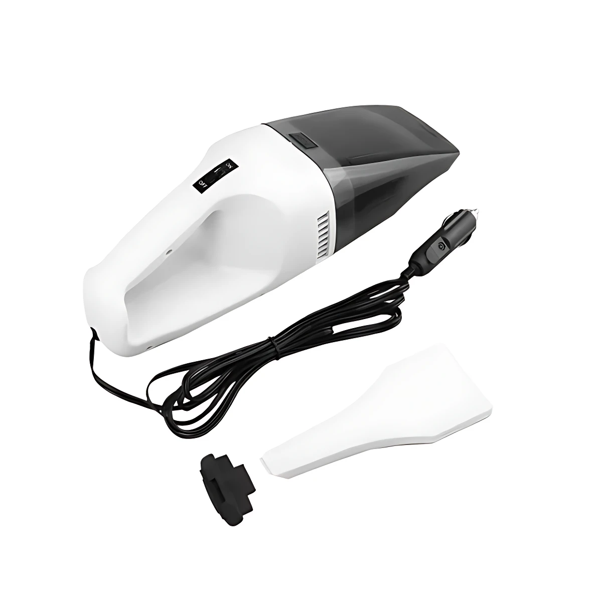 Aspiradora de coche portátil blanca y gris de 120W, con accesorios y cable de encendedor de 12V.