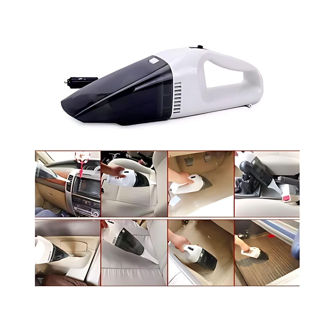 Aspiradora de coche portátil blanca y negra, 120W, 4000Pa, ideal para limpiar interiores de vehículos.