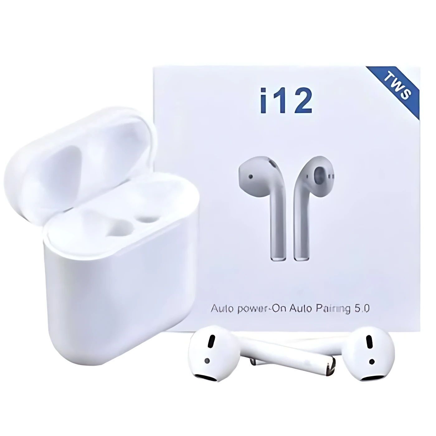 Audífonos inalámbricos I12 TWS Bluetooth 5.0 blancos con estuche abierto y dos pares de audífonos.