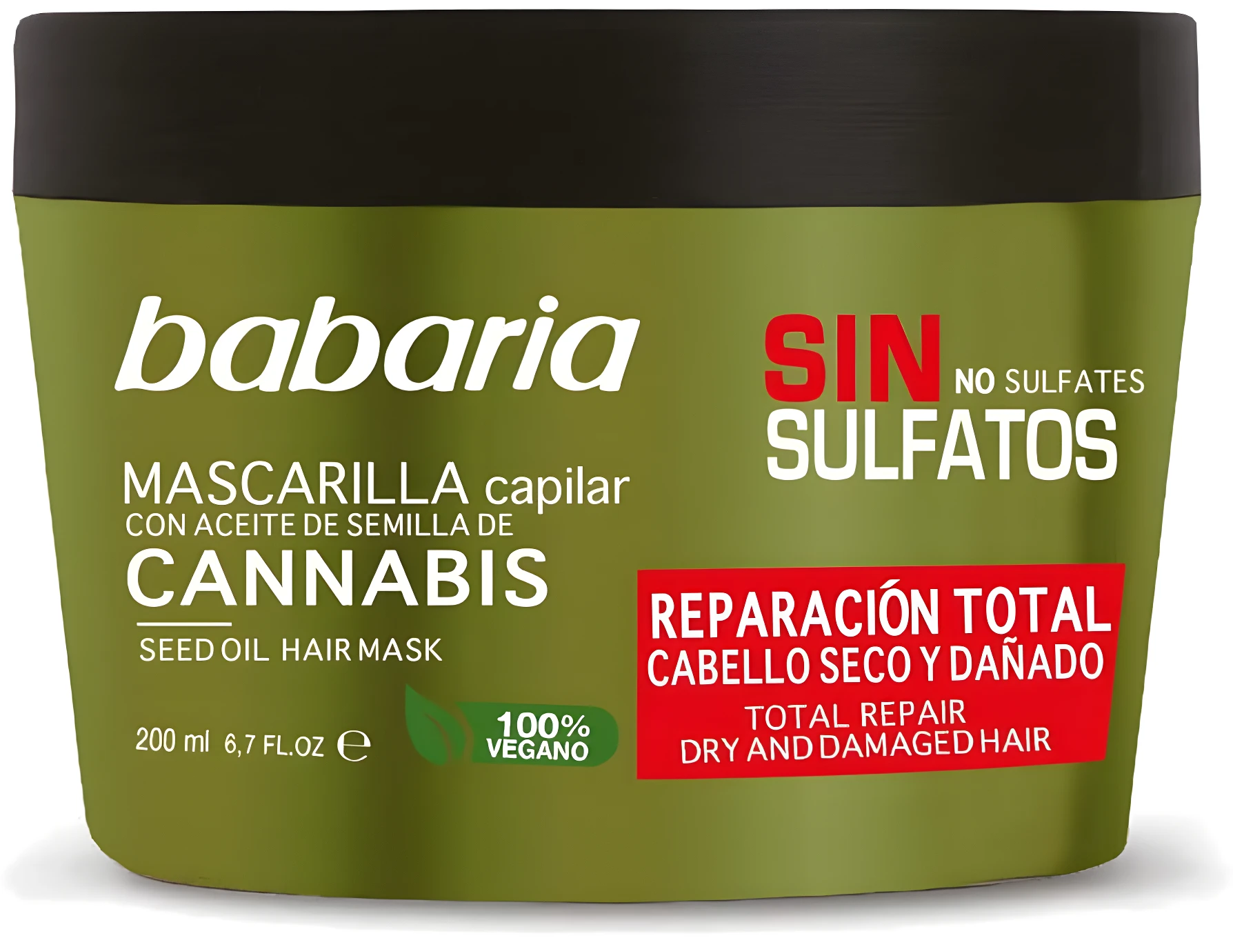 Mascarilla capilar Babaria verde con aceite de cannabis, 200 ml, para cabello seco y dañado, sin sulfatos.
