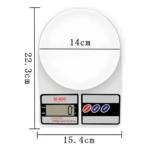 Balanza digital SF-400 redonda blanca de 14cm de diámetro, 22.3cm de alto y 15.4cm de ancho, con pantalla LCD y botones ON/OFF, MODE, TARE.