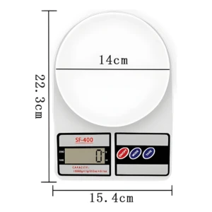Balanza digital SF-400 redonda blanca de 14cm de diámetro, 22.3cm de alto y 15.4cm de ancho, con pantalla LCD y botones ON/OFF, MODE, TARE.