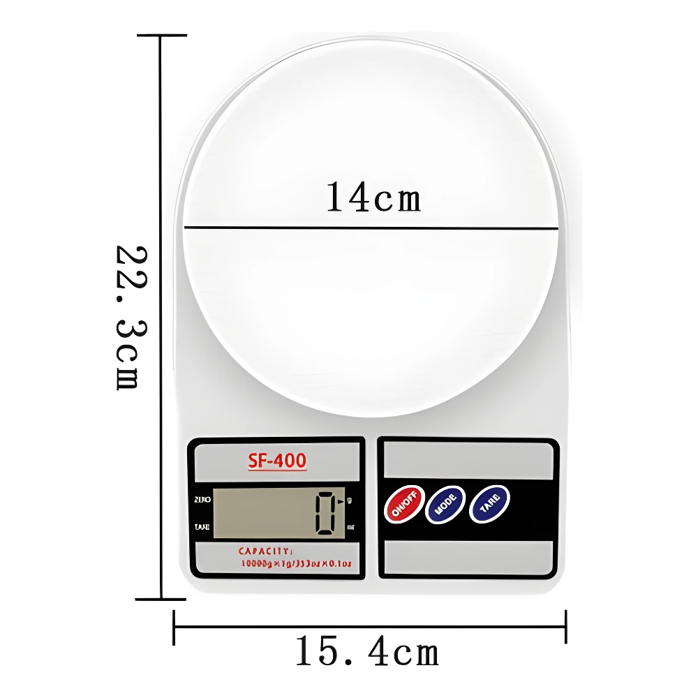 Balanza digital SF-400 redonda blanca de 14cm de diámetro, 22.3cm de alto y 15.4cm de ancho, con pantalla LCD y botones ON/OFF, MODE, TARE.