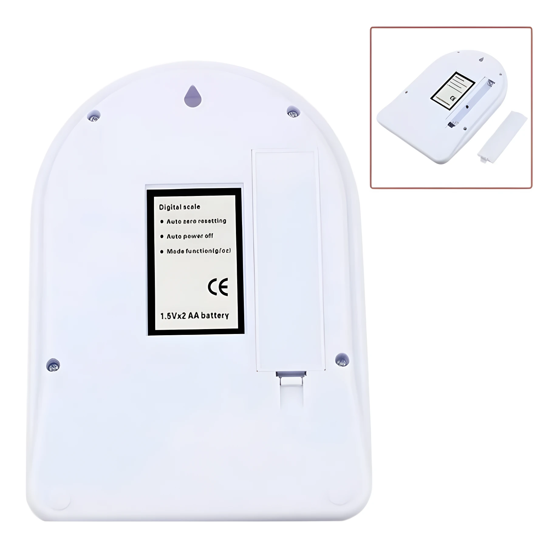 Balanza gramera digital blanca, parte trasera con etiqueta de especificaciones y compartimento de pilas AA.
