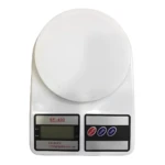Balanza digital SF-400 blanca con pantalla LCD y botones ON/OFF, MODE, TARE. Capacidad 10000g/1oz.