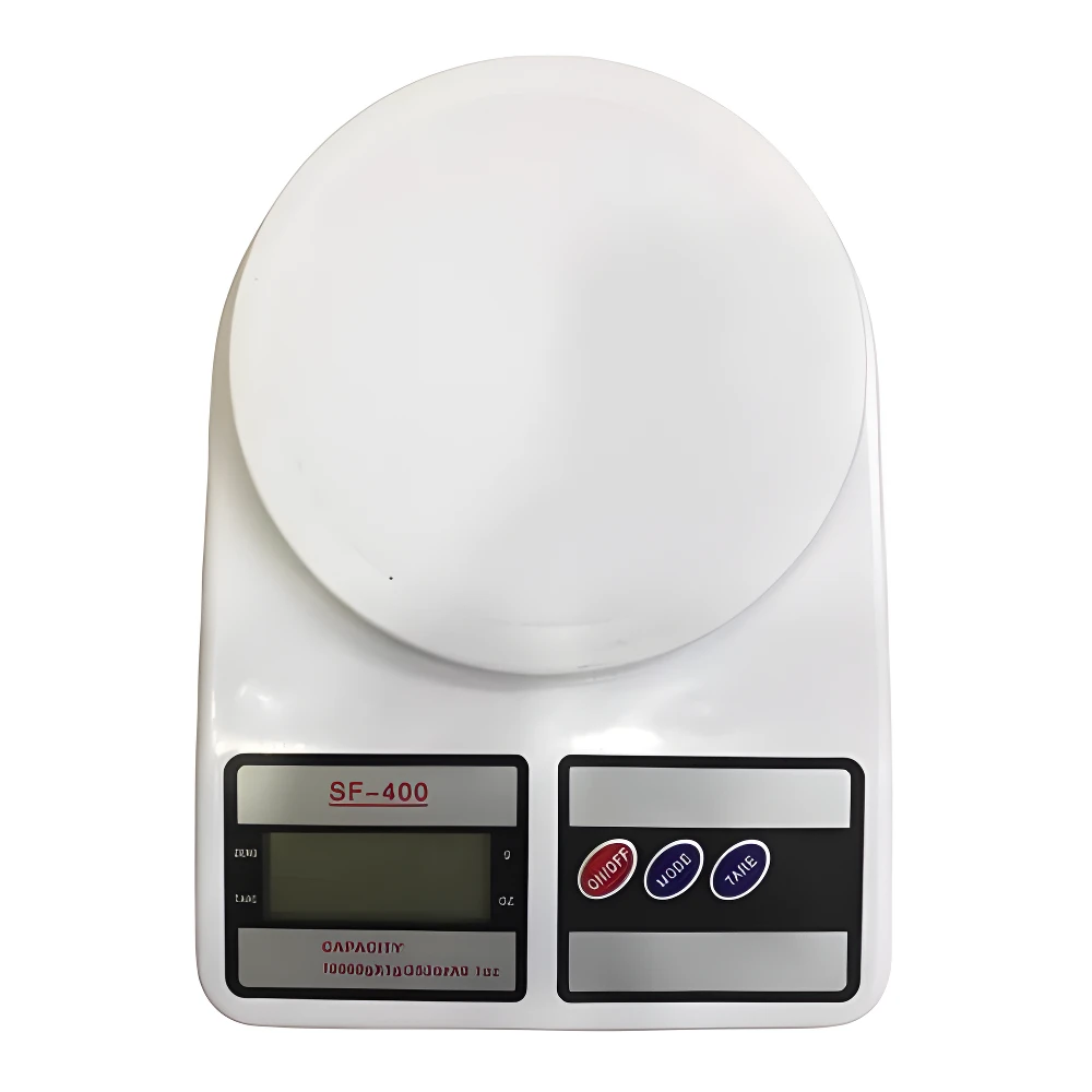 Balanza digital SF-400 blanca con pantalla LCD y botones ON/OFF, MODE, TARE. Capacidad 10000g/1oz.