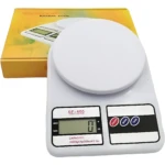 Balanza gramera digital SF-400 blanca con pantalla LCD, botones táctiles y capacidad de 10000g.
