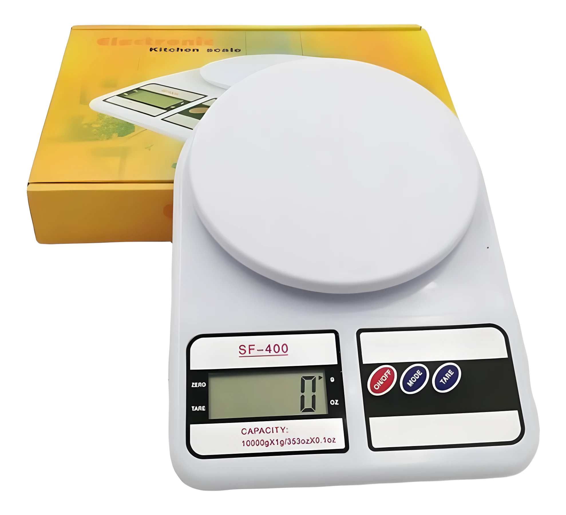 Balanza gramera digital SF-400 blanca con pantalla LCD, botones táctiles y capacidad de 10000g.