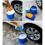 Baldes azules plegables para lavar auto, con guante y esponja de limpieza.