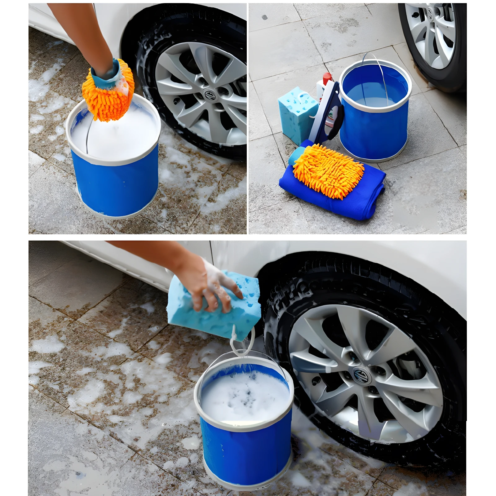 Baldes azules plegables para lavar auto, con guante y esponja de limpieza.