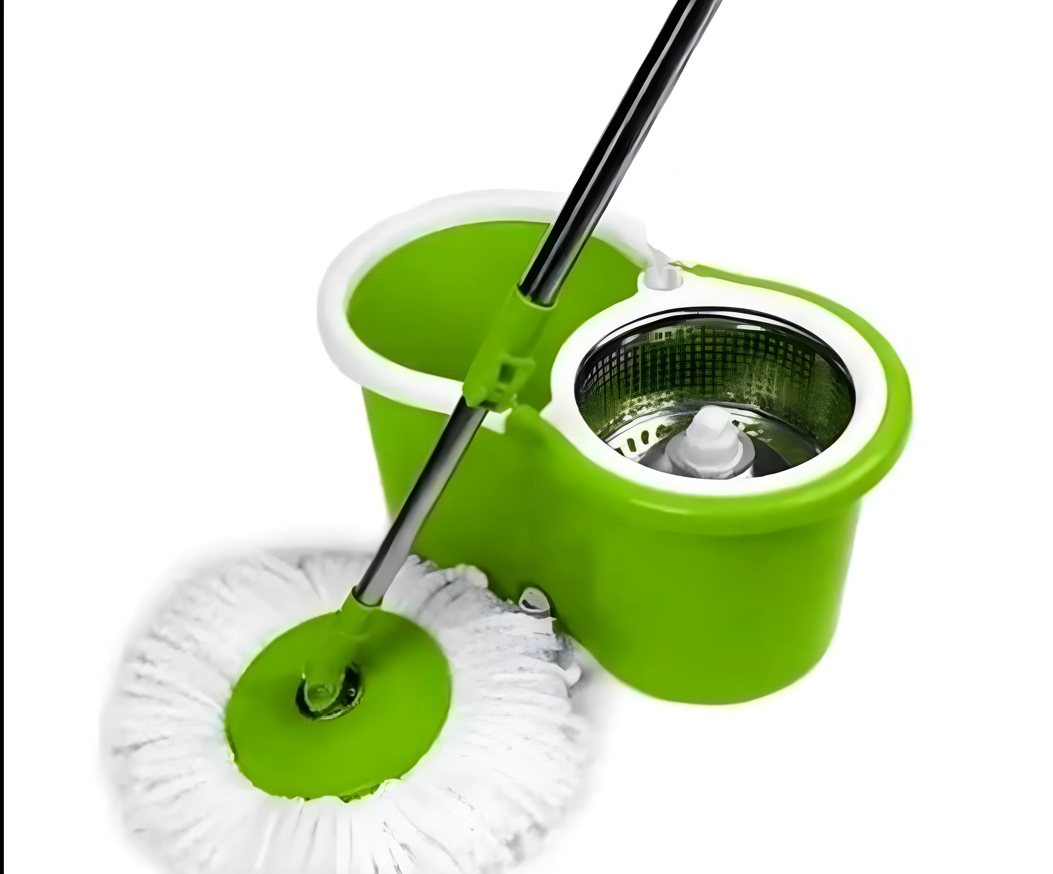 Balde trapero verde con base metalizada para escurrir, escobilla blanca de microfibra.