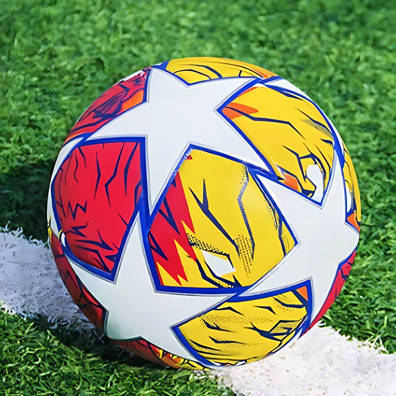 Balón de fútbol profesional #5, diseño de estrellas rojas y amarillas vibrantes, sobre césped verde con línea blanca.