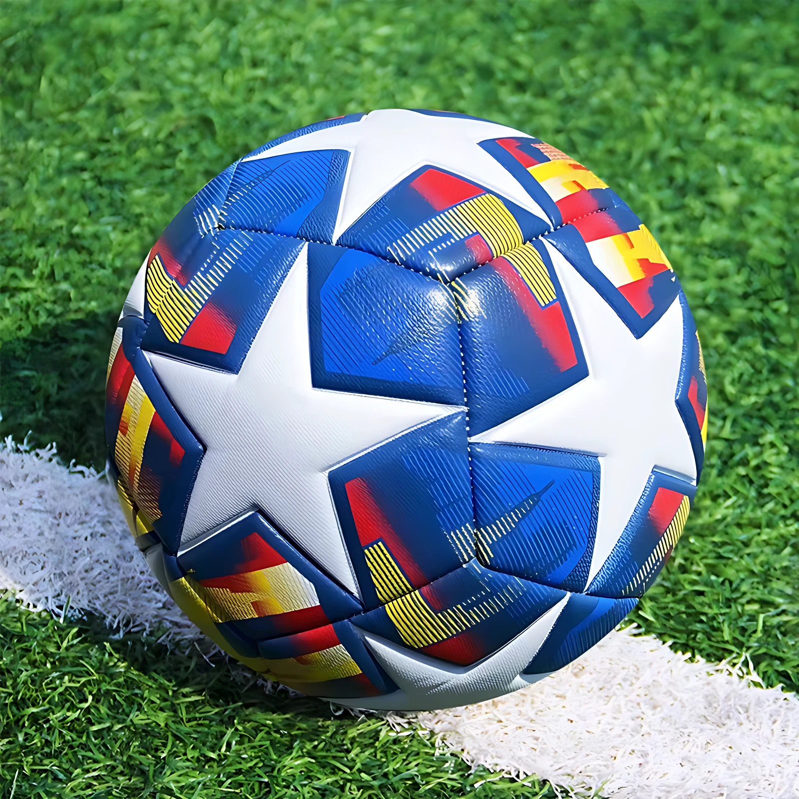 Balón de fútbol profesional #5 azul con estrellas blancas, diseño multicolor, sobre césped artificial y línea de banda blanca.