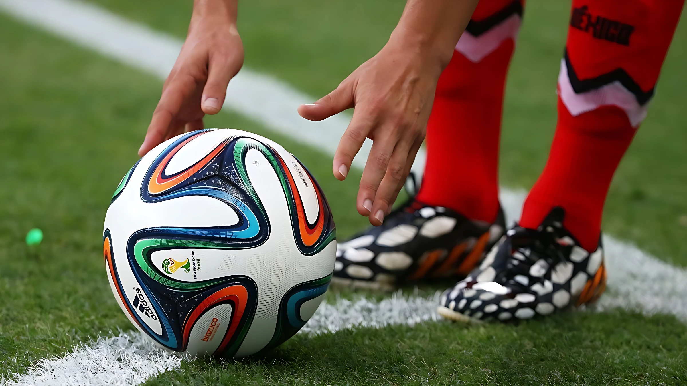 Balón de fútbol profesional Adidas Brazuca #5 con diseño colorido, sobre césped y al lado de la línea blanca, listo para ser pateado por futbolista.