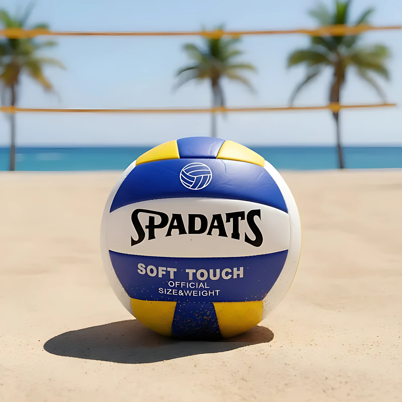 Balón de voleibol SPADATS azul, blanco y amarillo sobre arena, con red y palmeras al fondo.