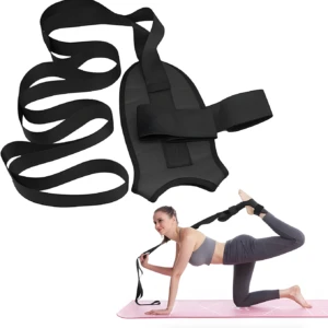 Banda de estiramiento negra para piernas y dispositivo de sujeción de pie para ejercicios de flexibilidad.