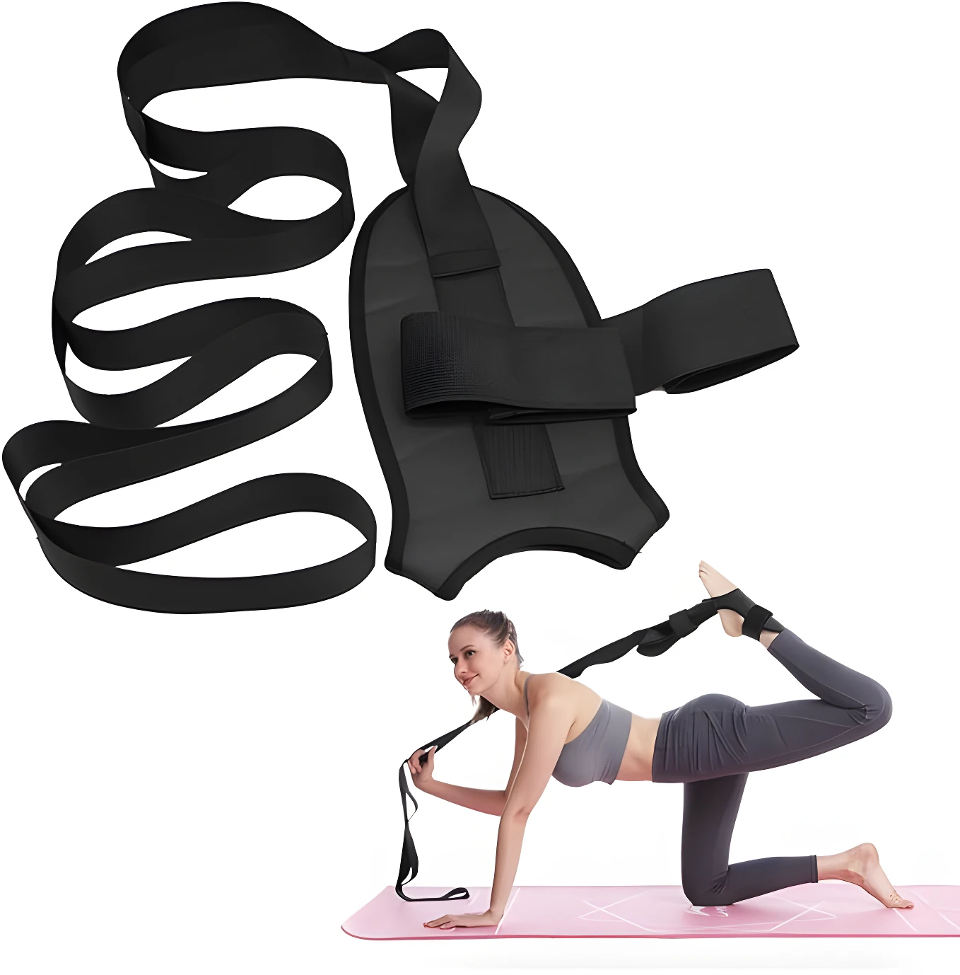 Banda de estiramiento negra para piernas y dispositivo de sujeción de pie para ejercicios de flexibilidad.