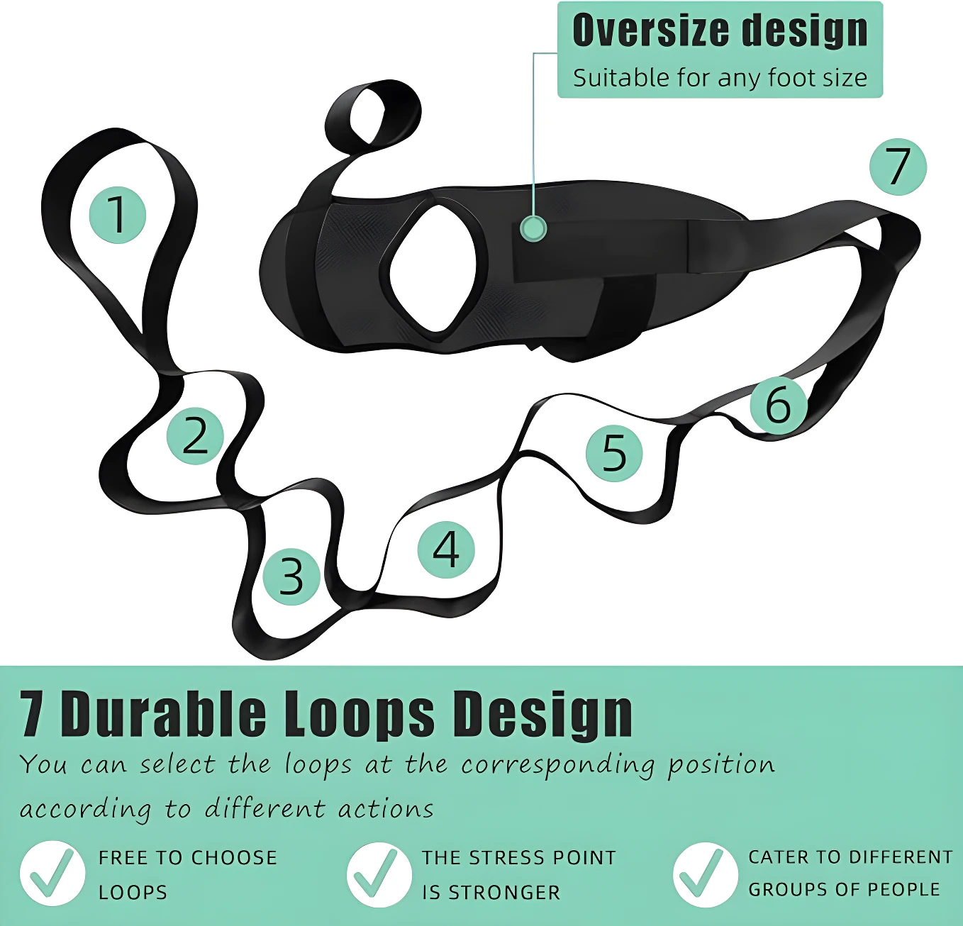 Banda de estiramiento de tela negra con 7 lazos numerados para ejercicios de flexibilidad y soporte de piernas.
