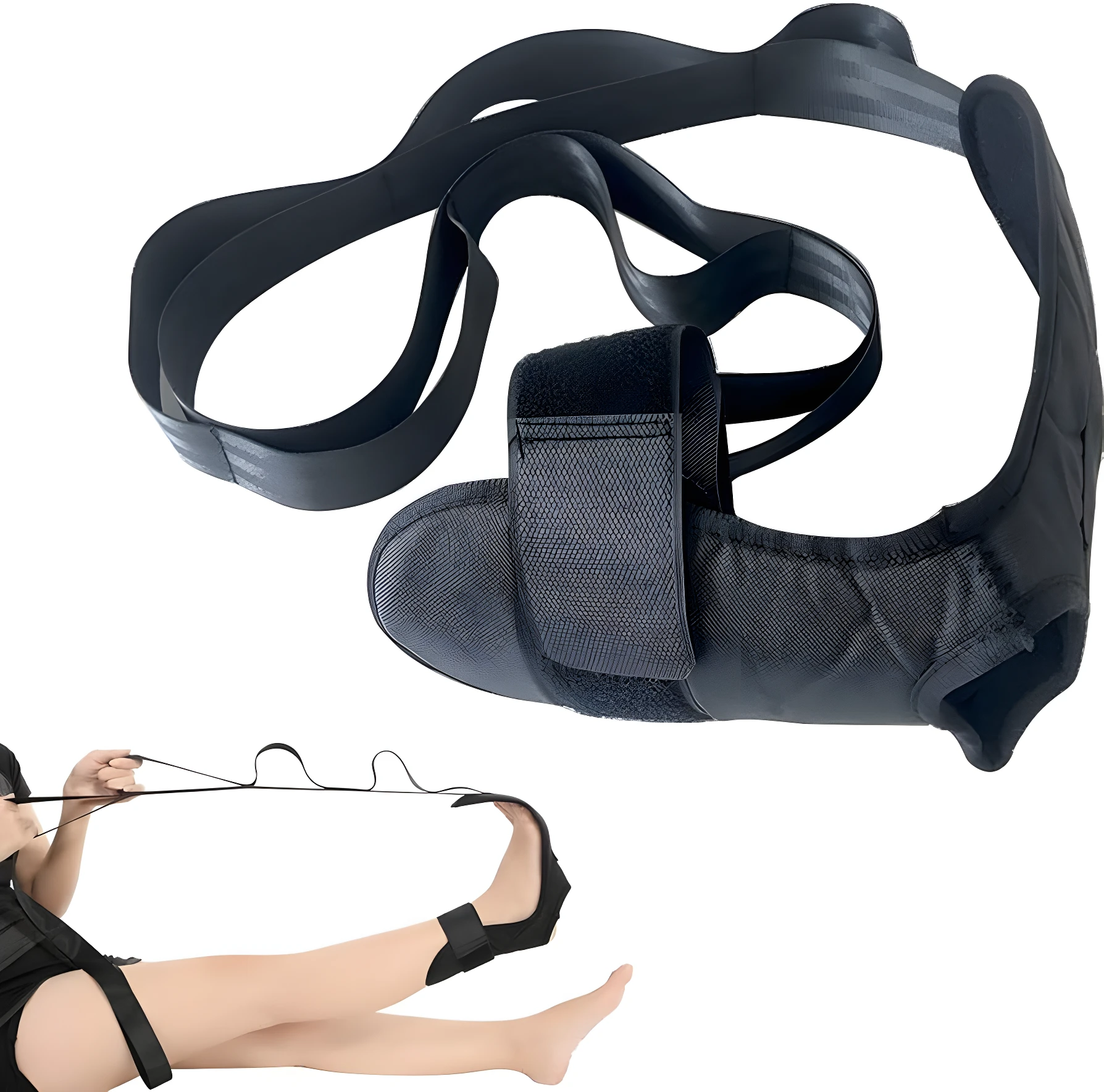 Banda de estiramiento de piernas negra con soporte para talón y accesorio de velcro, utilizada para ejercicio.